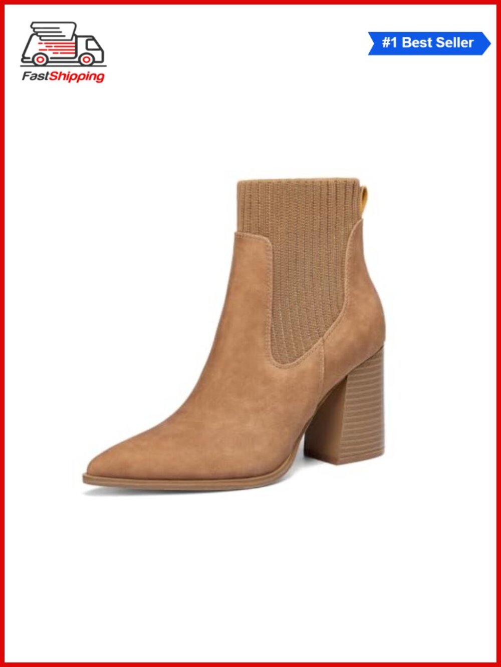 ✨ Coutgo Women's Chunky Heel Ankle Boots Faux Leather Pointed Toe Knit Chelsea